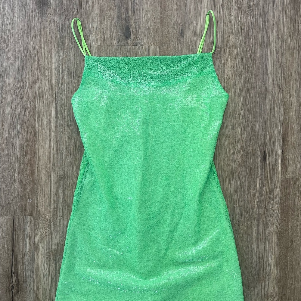Hemline Green Sequin Spaghetti Strap Dress